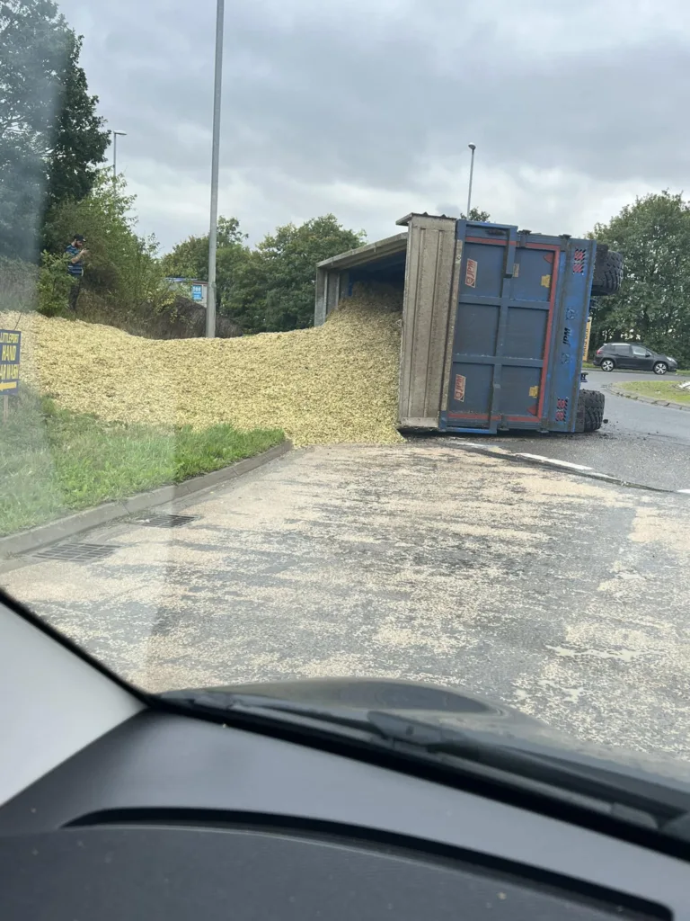 This tractor and trailer unit carrying chopped maize overturned at Littleport yesterday but fortunately eye witnesses said the driver escaped injury. PHOTO: CambsNews reader Justin Cooper