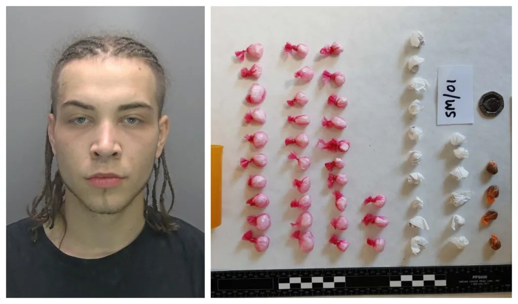 Aurimas Leonavicius along with photos of the drugs seized in Cambridge.