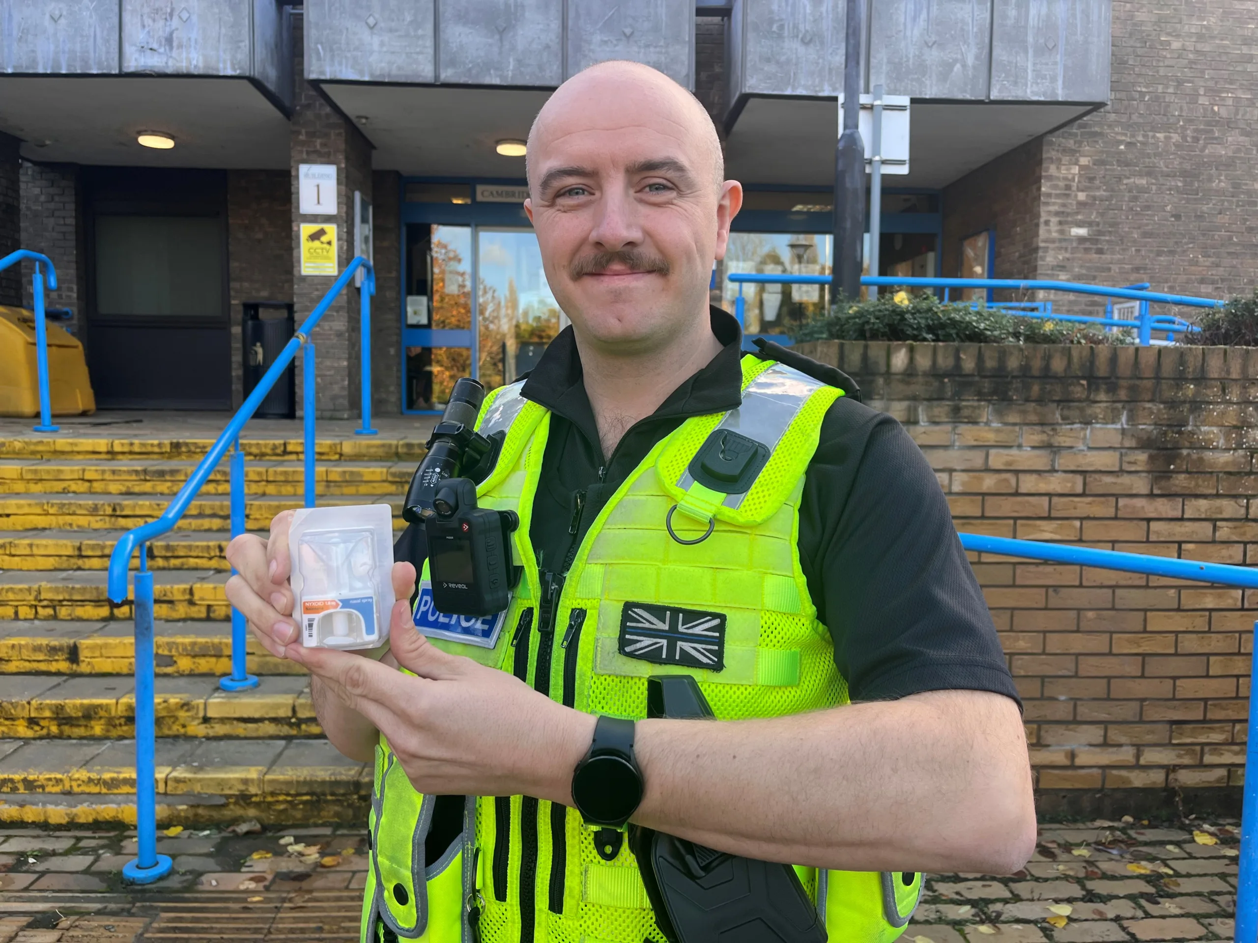 PC Sam Holliday of Peterborough city centre neighbourhood policing team demonstrating Naloxone. PC Sam Holliday of Peterborough city centre neighbourhood policing team demonstrating Naloxone.