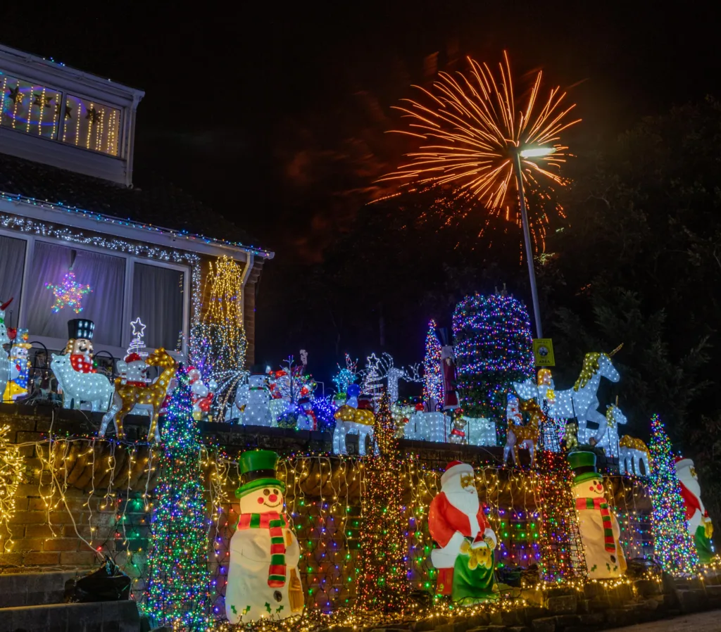 John and Helen Attesley have again turned their Soham home into a Christmas lights eye catcher: not long after the switch on, Soham Town Rangers held a fantastic fireworks display. PHOTO: Terry Harris for CambsNews