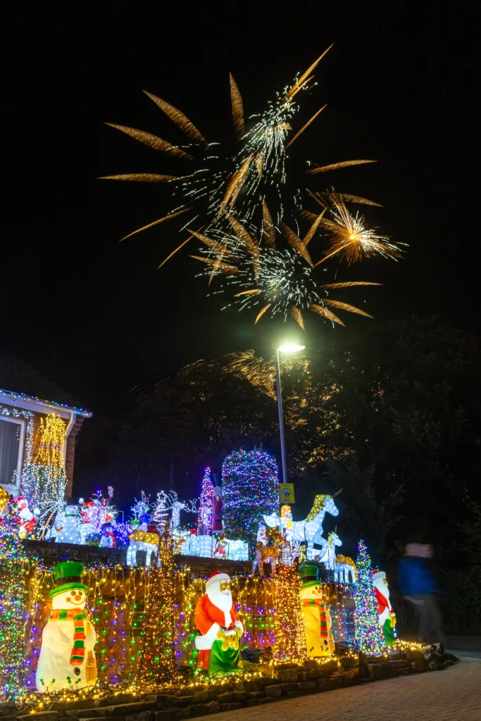 John and Helen Attesley have again turned their Soham home into a Christmas lights eye catcher: not long after the switch on, Soham Town Rangers held a fantastic fireworks display. PHOTO: Terry Harris for CambsNews 