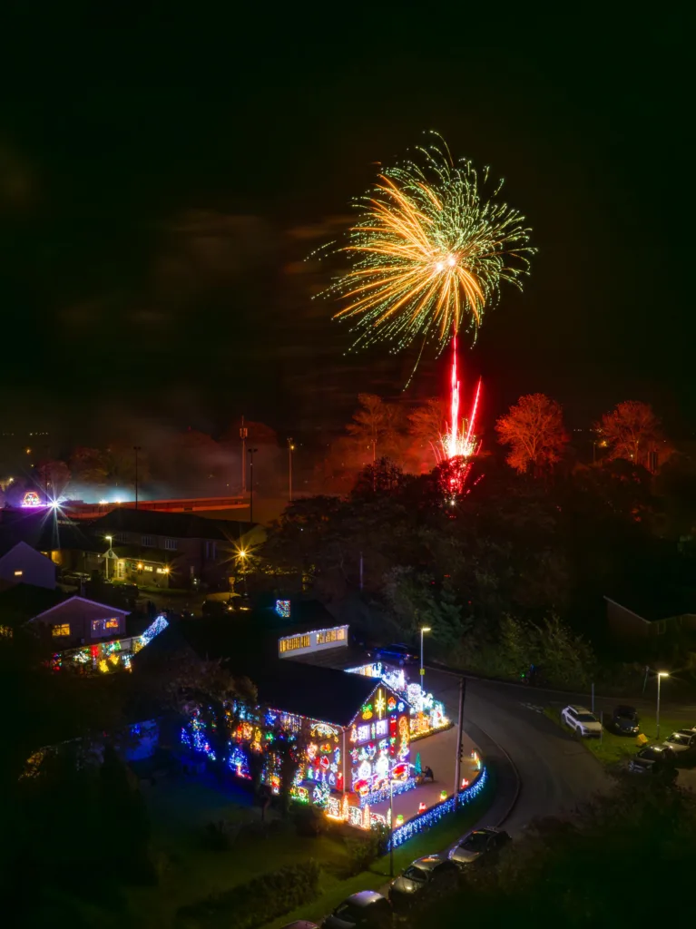 John and Helen Attesley have again turned their Soham home into a Christmas lights eye catcher: not long after the switch on, Soham Town Rangers held a fantastic fireworks display. PHOTO: Terry Harris for CambsNews 