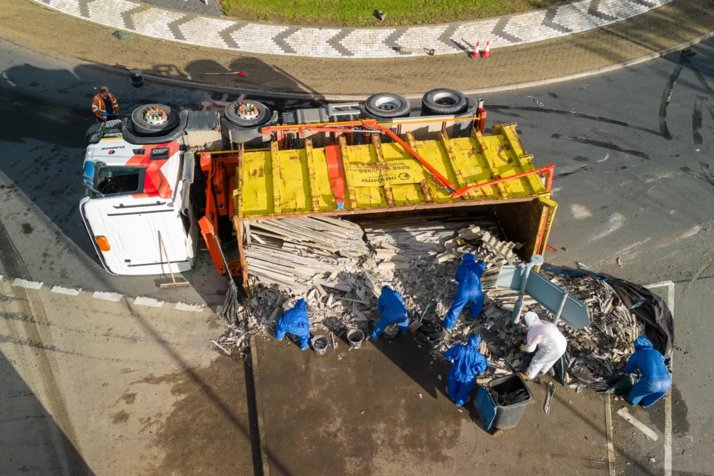 The scene at Witchford roundabout today as recovery takes place of the contents of a lorry that shed its load. PHOTO: Terry Harris for CambsNews
