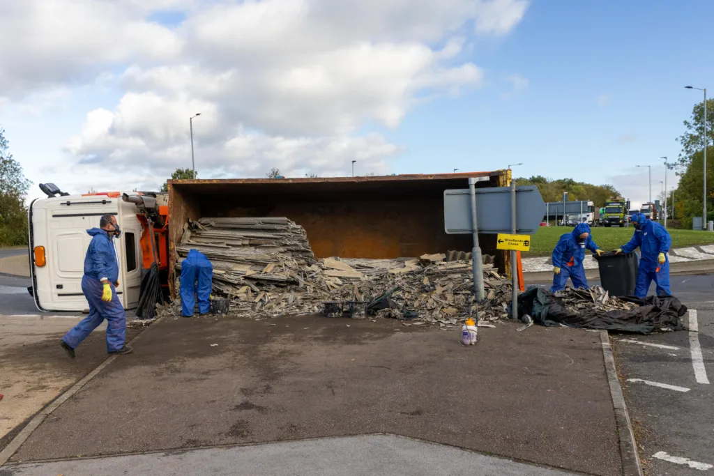 The scene at Witchford roundabout today as recovery takes place of the contents of a lorry that shed its load. PHOTO: Terry Harris for CambsNews
