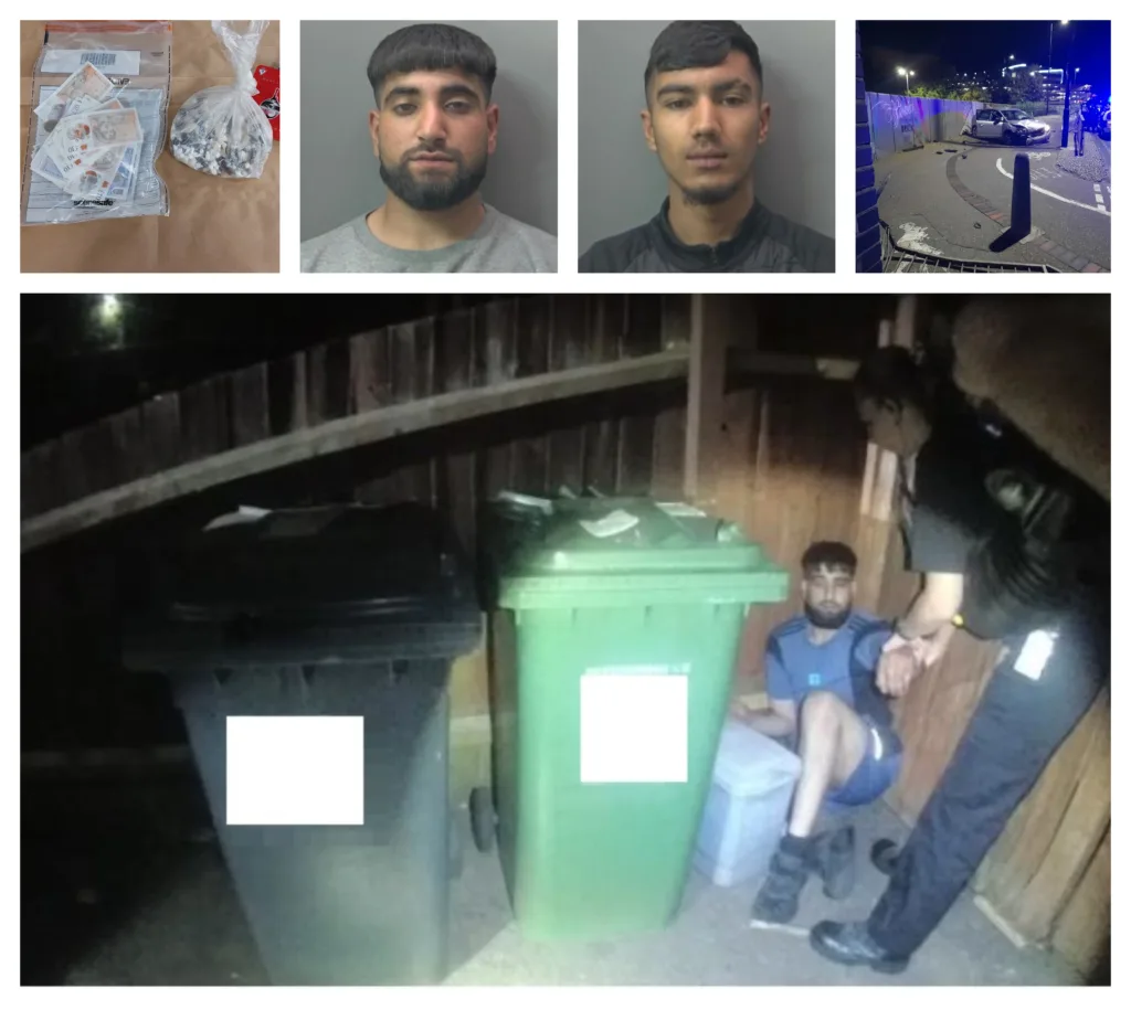 Mohammed Mehtab, 21, (top row, second from left) was sentenced to four-and-a-half years in prison; Shamriz Ali (next to him) was jailed for a total of three years and nine months. Other images are of the August crash, the arrest of Mehtab and some of the cash and drugs recovered by police. 