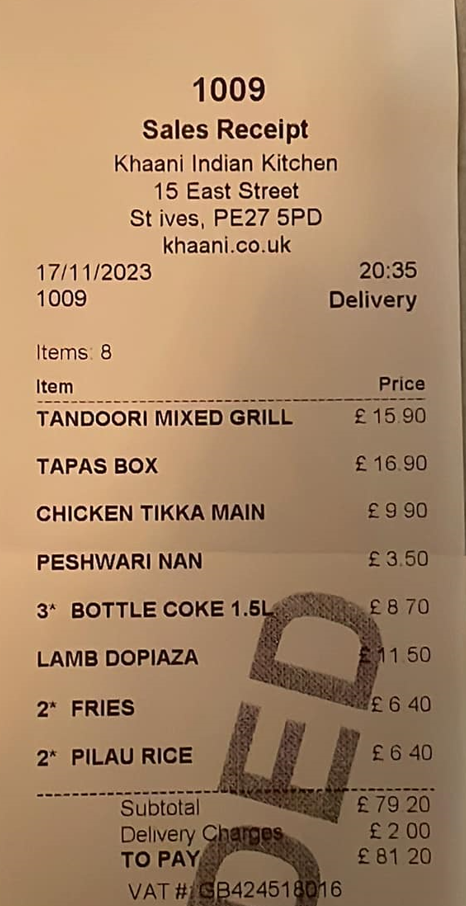 Khaani Indian Kitchen of East Street, St Ives, has posted a photo of the order which they received on November 17 for delivery locally.
