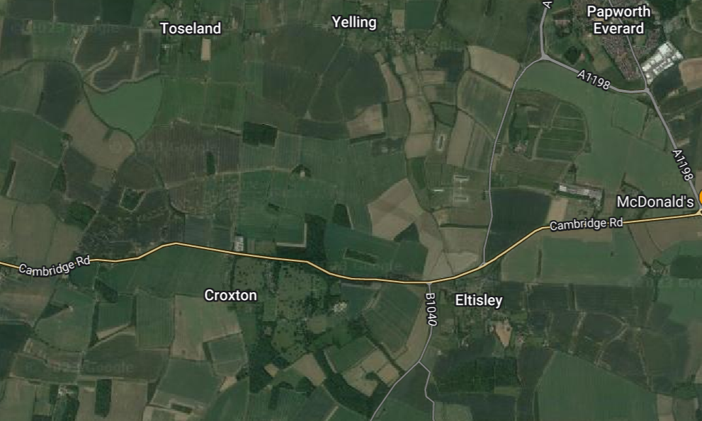 The crash happened on the A428 at Croxton today at around 6.30am. IMAGE: Google Maps