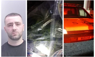 Iliran Sinani with the car he was driving and the drugs found in a laundry basket