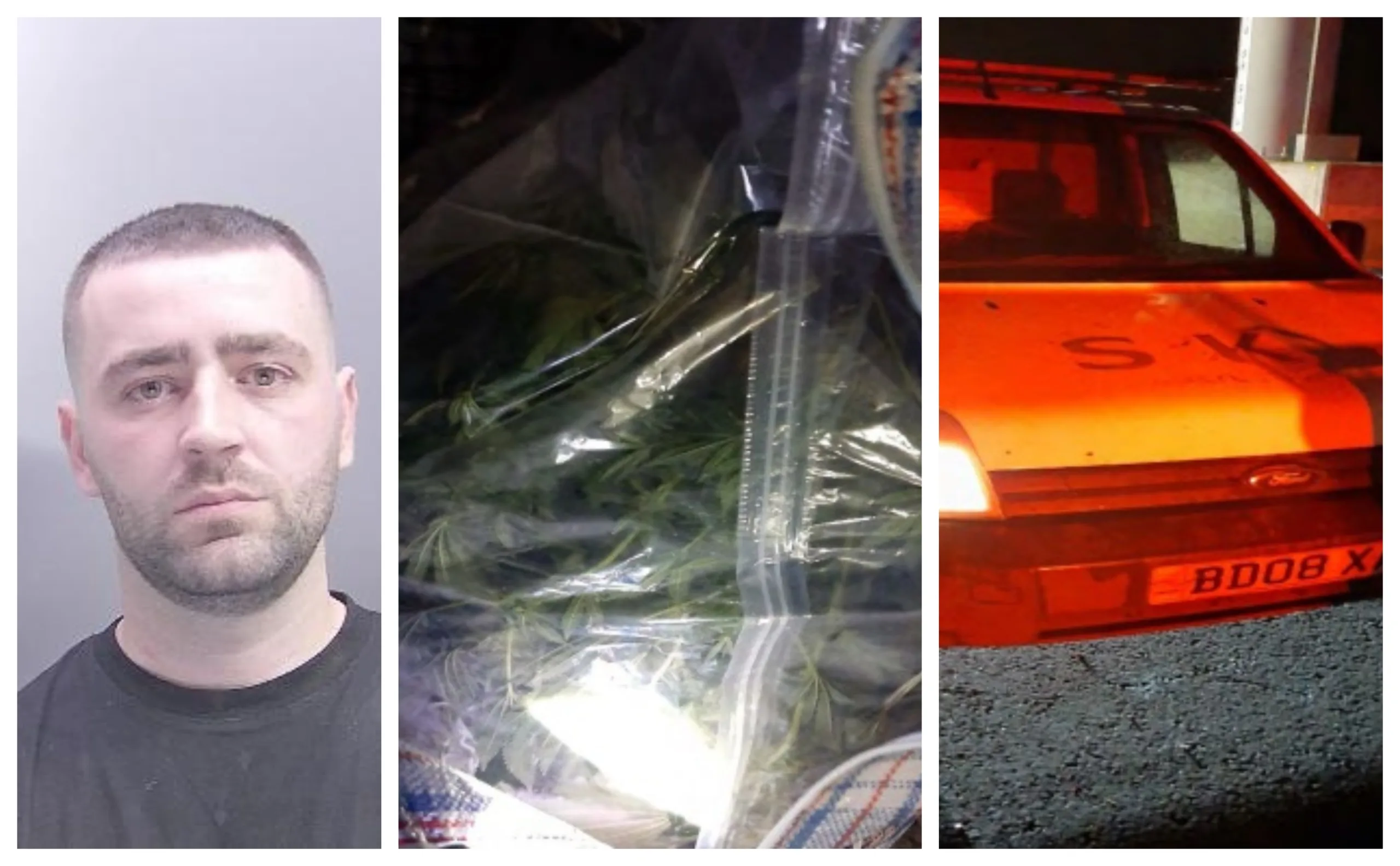 Iliran Sinani with the car he was driving and the drugs found in a laundry basket