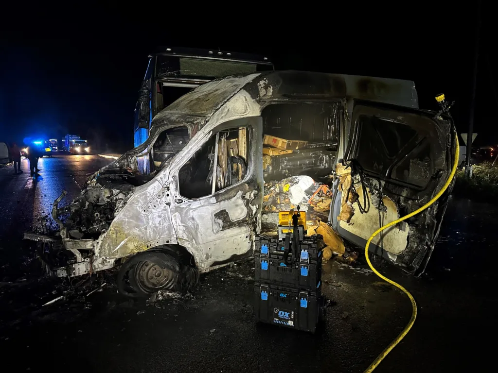 Lucky to be alive: Police photos from the horrendous A47 crash tonight involving a bus and a van which burst into flames. No one was injured.