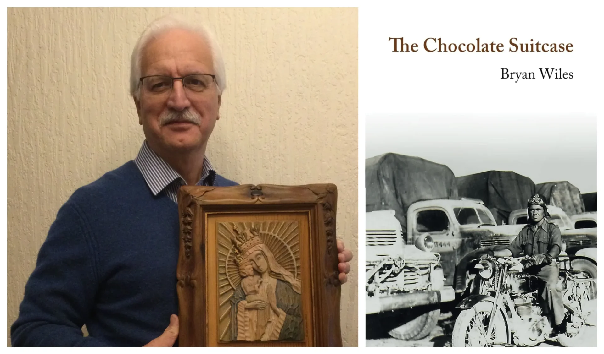 image author final - News for Peterborough and Cambridgeshire News for Peterborough and Cambridgeshire - Author Bryan Wiles, with the copy that he carved of the Tadeusz Zielinski icon, the Mother of God Victorious, which was displayed at the altar before all the battles of the Second Polish Corps and front cover of the book