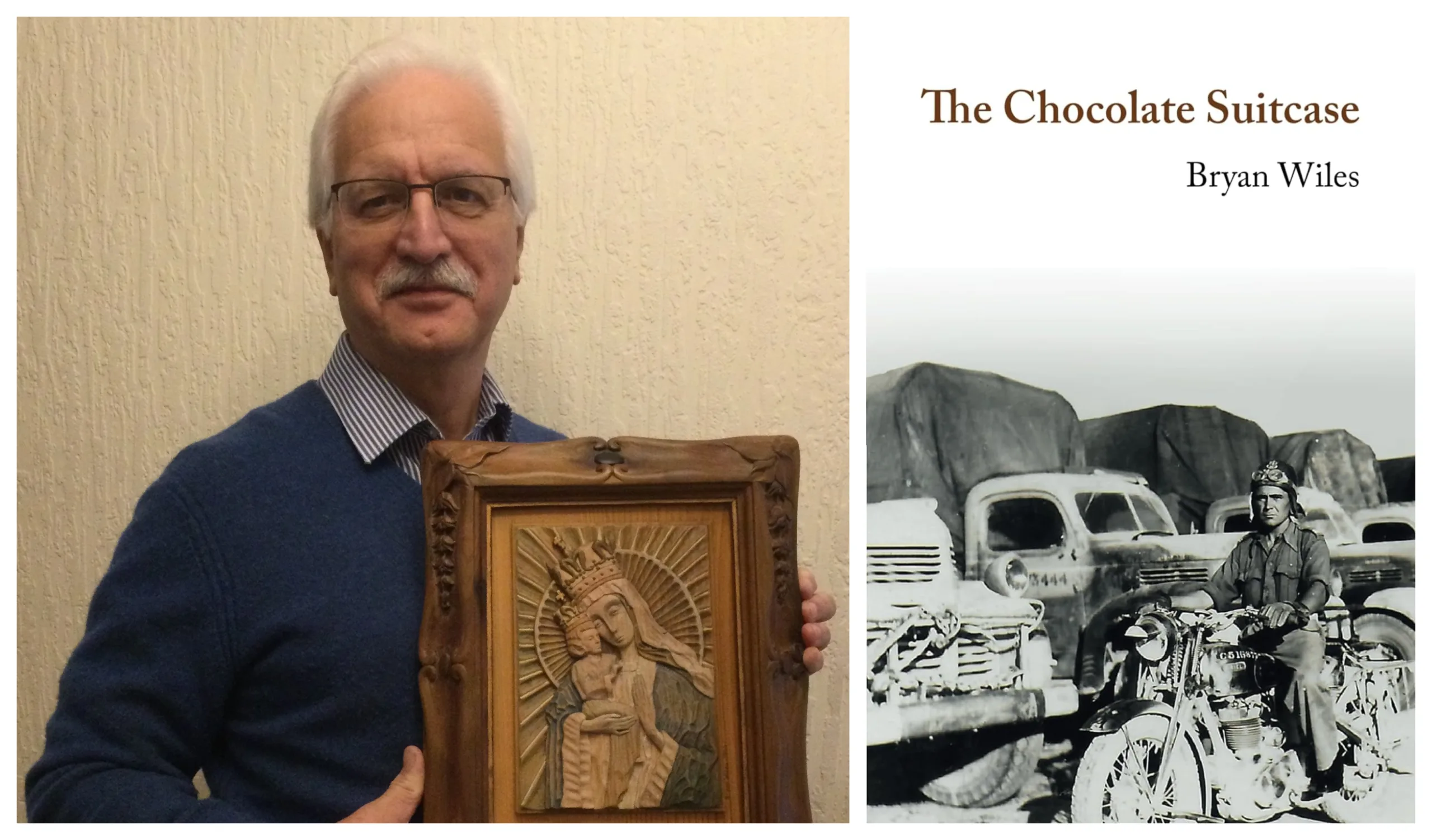 Author Bryan Wiles, with the copy that he carved of the Tadeusz Zielinski icon, the Mother of God Victorious, which was displayed at the altar before all the battles of the Second Polish Corps and front cover of the book