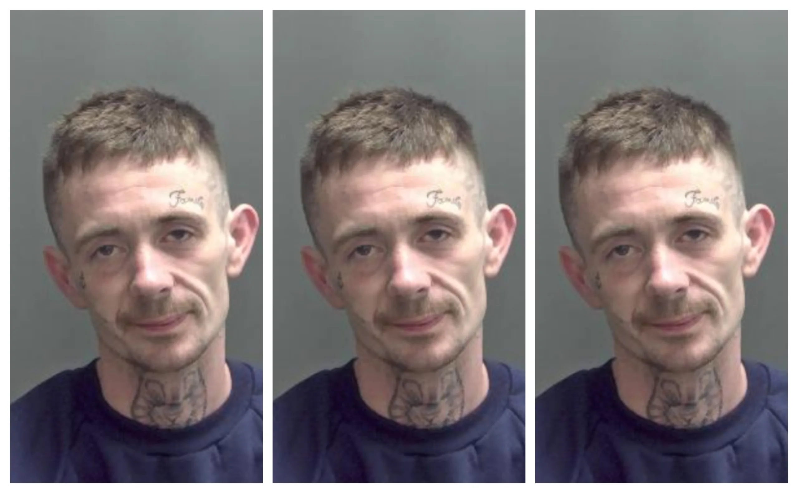 After arriving at custody, police reviewed doorbell footage from a burgled property and identified Marcus Ellis thanks to his distinctive neck tattoo. After arriving at custody, police reviewed doorbell footage from a burgled property and identified Marcus Ellis thanks to his distinctive neck tattoo.