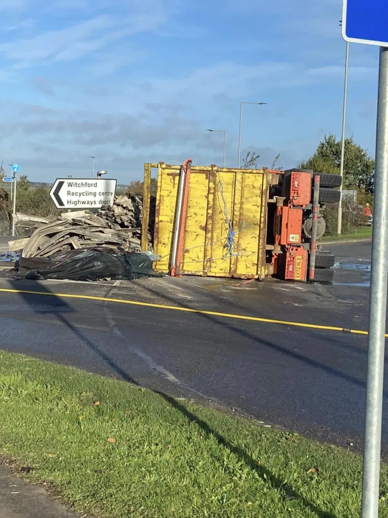Witchford roundabout near Ely where a lorry has overturned shedding its load. PHOTO: Adina Tutt 