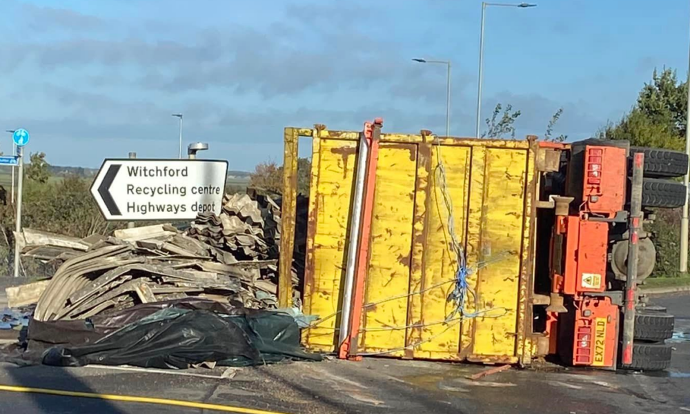 Witchford roundabout near Ely where a lorry has overturned shedding its load. PHOTO: Adina Tutt