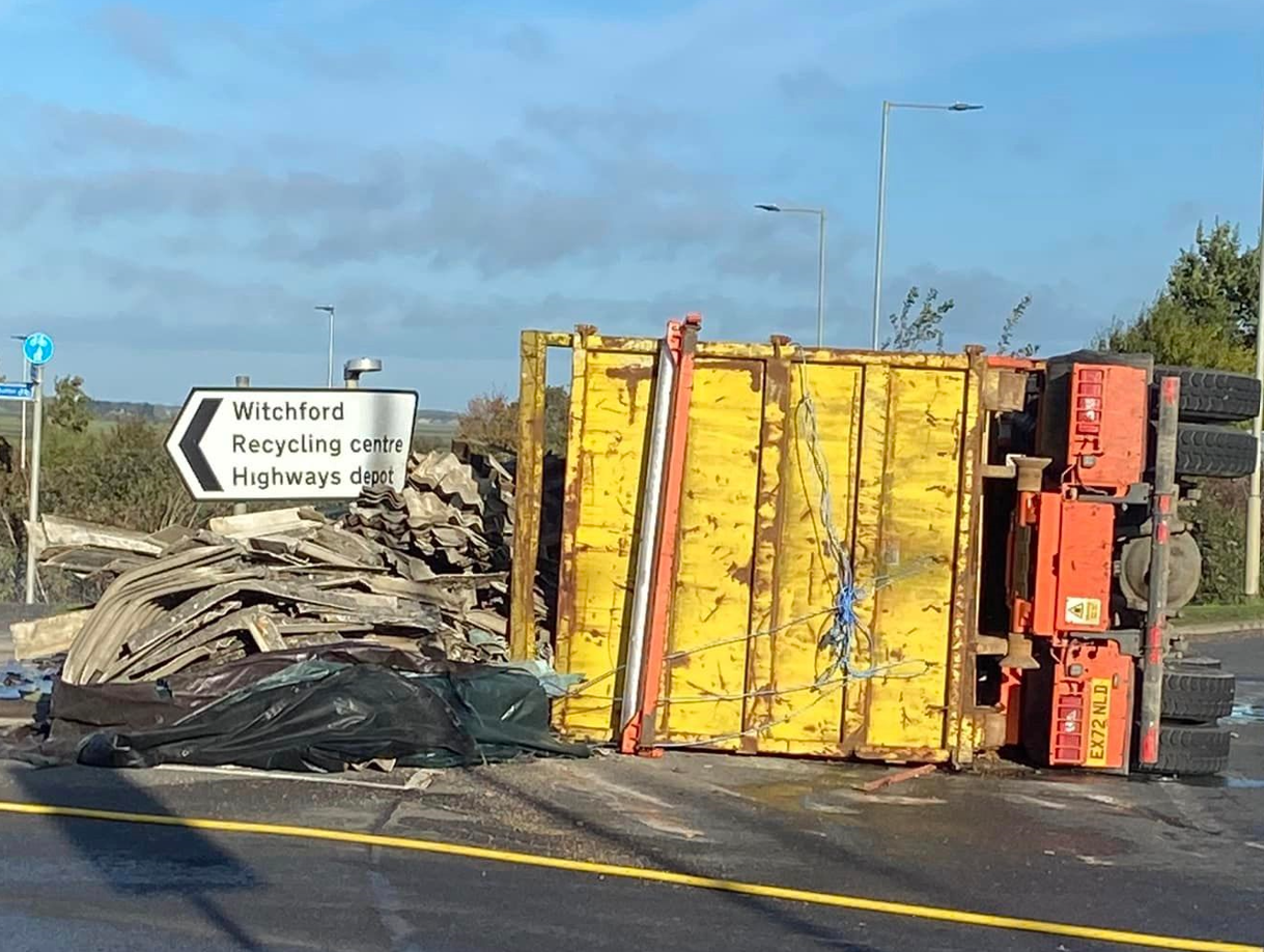 Witchford roundabout near Ely where a lorry has overturned shedding its load. PHOTO: Adina Tutt