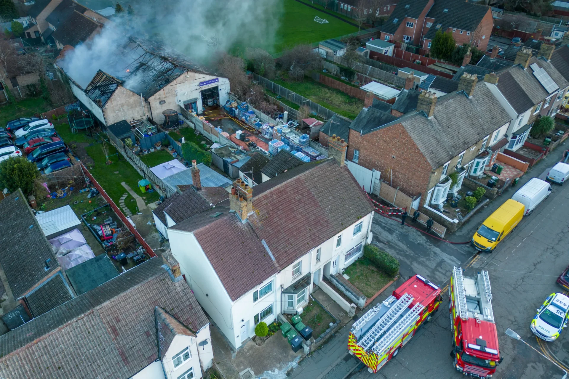 News for Peterborough and Cambridgeshire - Aftermath of the blaze that destroyed Dungarwalla cash and carry in Padholme Road, Peterborough. Fire crews still in attendance today to dampen down. Friday 29 December 2023. PHOTO: Terry Harris.