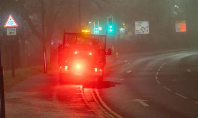 Gritter spotted driving from near TK Maxx to Railway Station Car Park along the path while gritting in the fog and dark., Bourges Boulevard , Peterborough Saturday 02 December 2023.