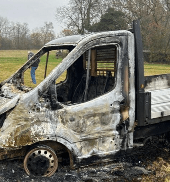 Burnt out tipper stolen from Huntingdon found in Puddock Road, Warboys