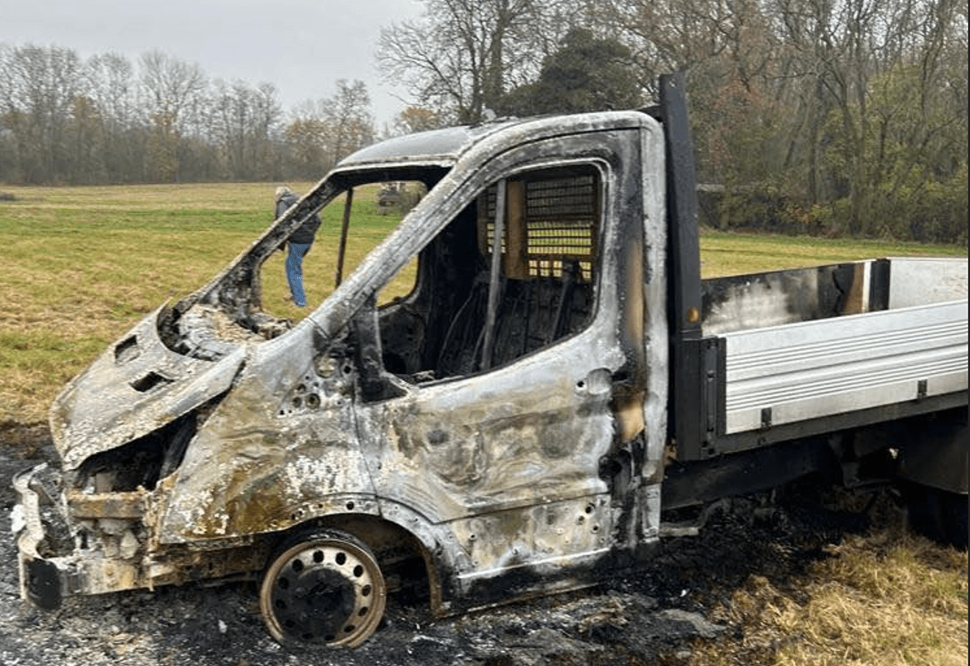 Burnt out tipper stolen from Huntingdon found in Puddock Road, Warboys