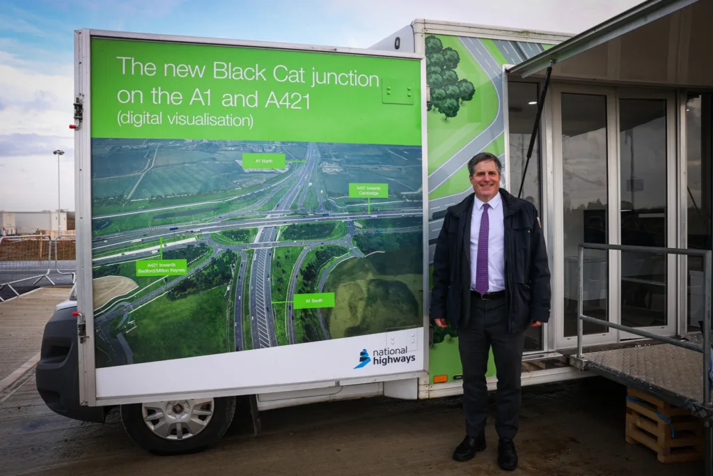 MP and junior transport minister Anthony Browne at the ground breaking ceremony for the £1 billion transformation will create a new 10-mile dual carriageway and numerous junction improvements, transforming journeys between the A1 Black Cat roundabout in Bedfordshire and A428 Caxton Gibbet roundabout in Cambridgeshire. 
