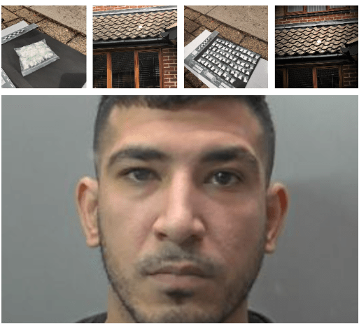 Alqasim Najib, 27, with photos of the cocaine bags that landed on the roof after he threw them from his bedroom window when police came calling.