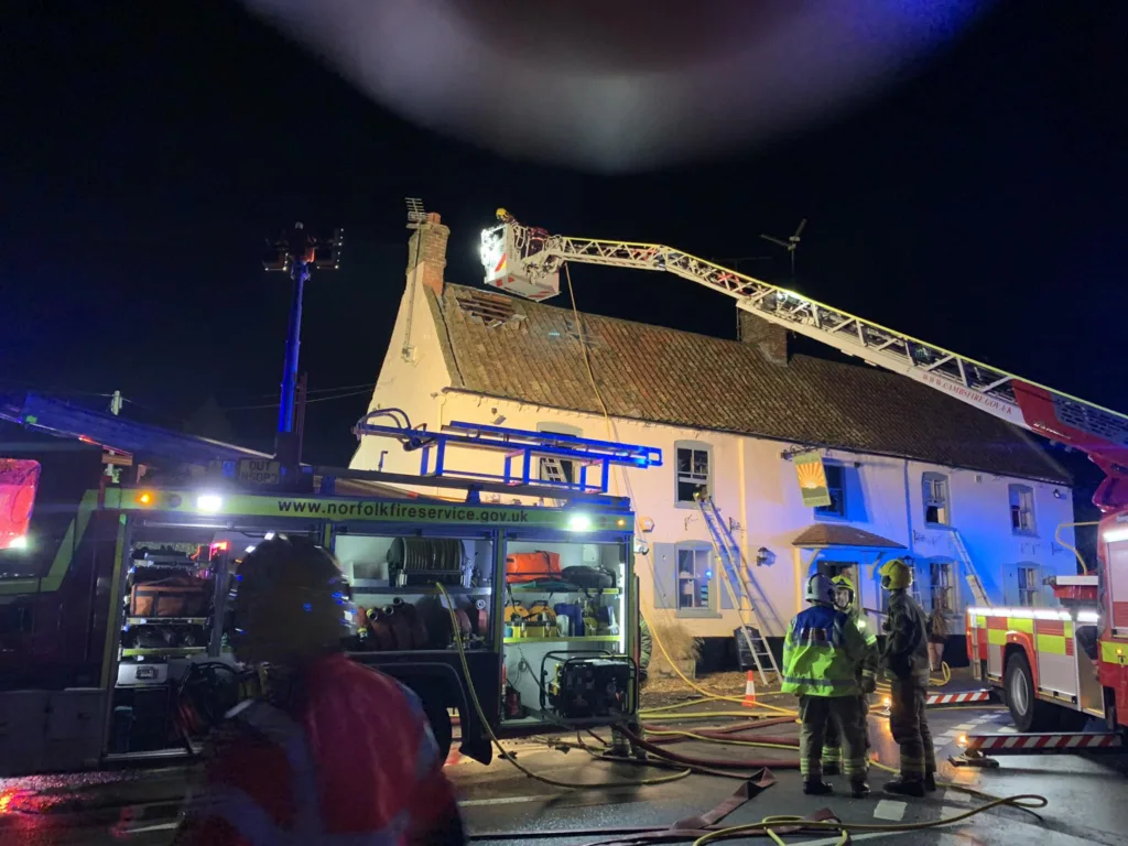 Fire crews at the Rising Sun public house, Leverington near Wisbech.