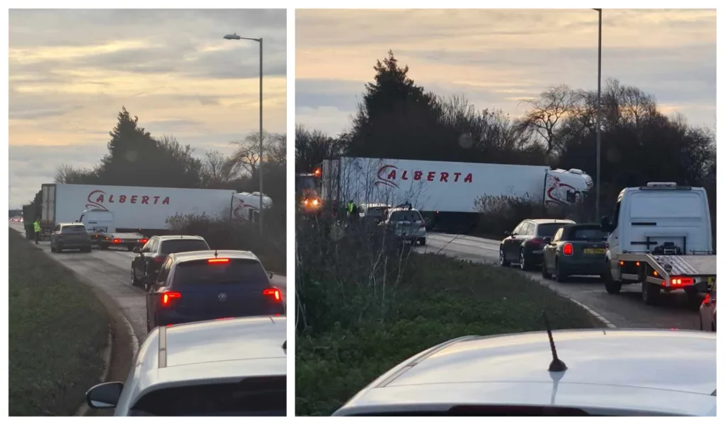 A CambsNews reader who took these photos believes the lorry had tried, unsuccessfully, to turn round in the entrance to the former Mepal outdoor centre.