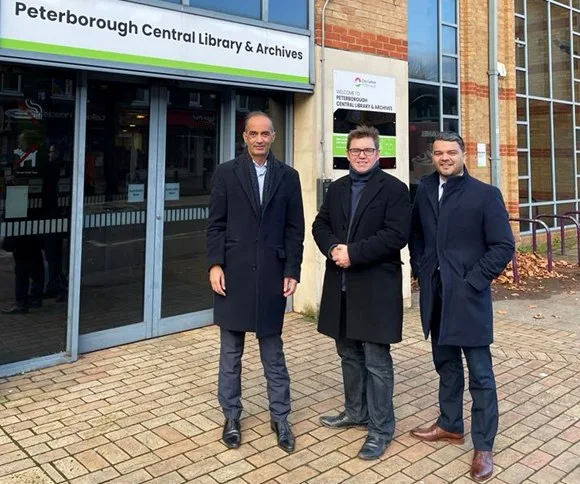 Mayor Dr Nik Johnson in Peterborough for a walking tour of the city with recently elected council leader Mohammed Farooq. Both agreed they are singing from the same hymn sheet to build Peterborough’s prosperity. With them is Cllr Amjad Iqbal, central ward councillor.