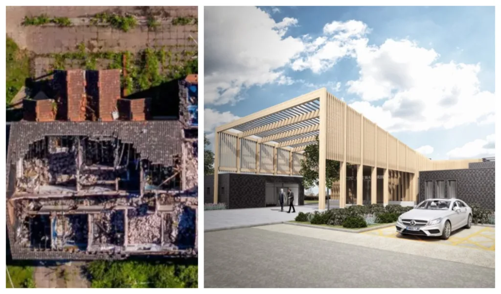 Aerial view from 2020 of the fire ravaged Mepal centre (left) and an architect’s impression of the £9m crematorium planned by East Cambridgeshire District Council.