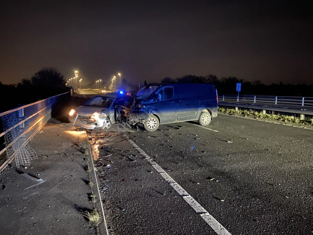 Aftermath of the crash on the Nene Parkway, Peterborough, in which a driver sustained a serious injury