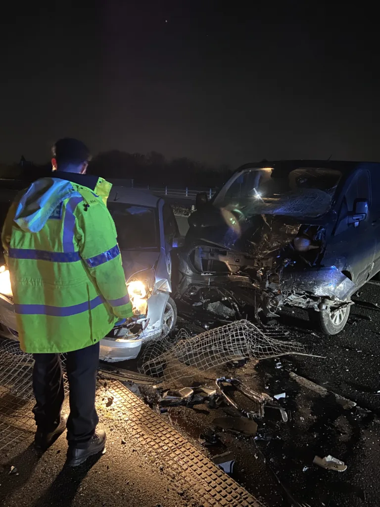 Aftermath of the crash on the Nene Parkway, Peterborough, in which a driver sustained a serious injury