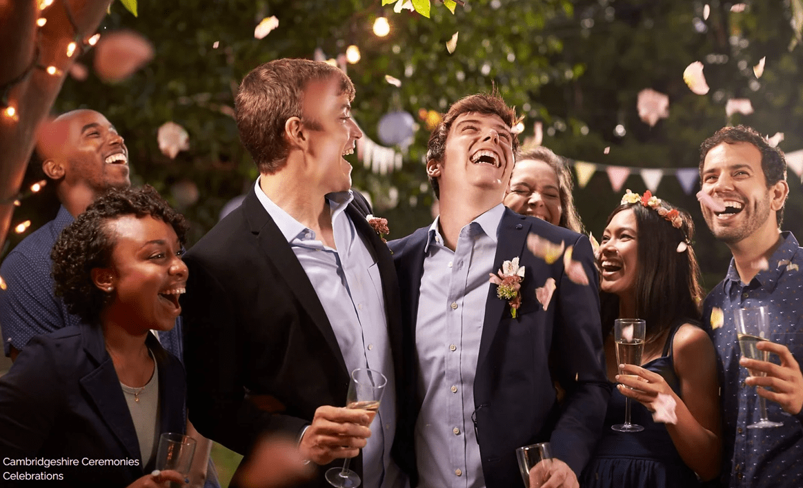 The photo that until 48 hours ago was used to promote Cambridgeshire Ceremonies, the official website for the Cambridgeshire Registration Service. Instead of using ‘gay wedding’ it referred to the gay wedding as ‘celebrations’. It has been changed to ‘groom and groom’
