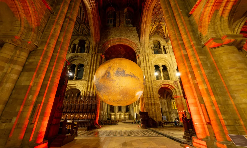 Luke Jerram's extraordinary astronomical artwork Mars: War & Peace. Peterborough Cathedral until January 29th. PHOTO: Terry Harris