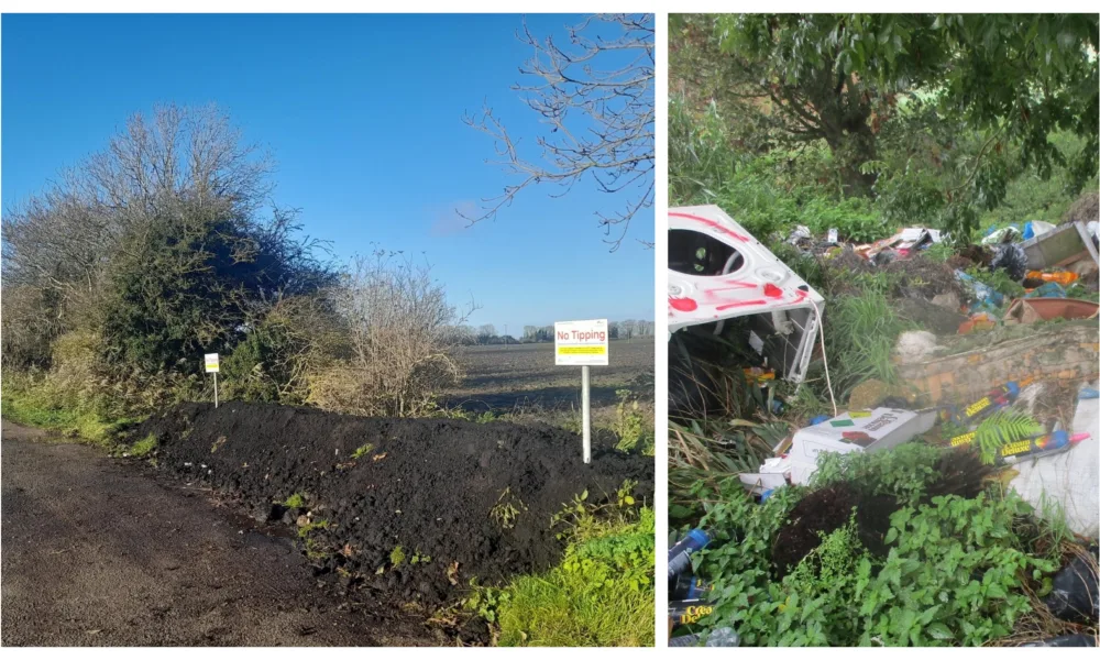 Before (right): Household appliances and mattresses among the rubbish dumped by repeated fly-tippers at the Coldham Bank site. After: The site has been cleared and a soil and concrete bund put in place to deter fly-tippers.