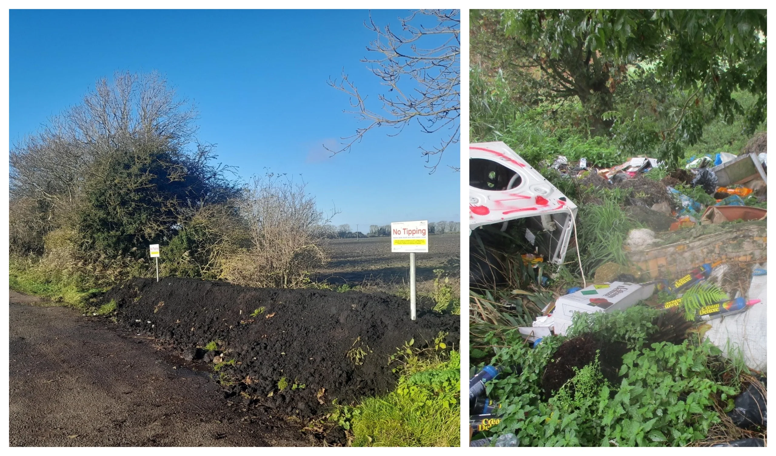 Before (right): Household appliances and mattresses among the rubbish dumped by repeated fly-tippers at the Coldham Bank site. After: The site has been cleared and a soil and concrete bund put in place to deter fly-tippers.