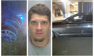 Logan Cook, 22, (centre) jailed after ramming police vehicles (right) and putting lives at risk by failing to stop in Peterborough. His car is on the left.