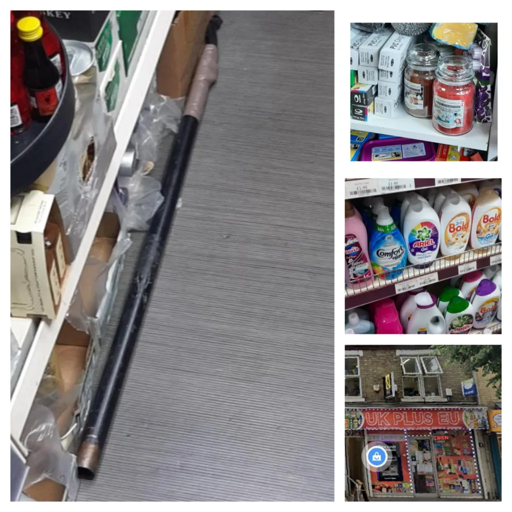 Stolen Galaxy bars found at EU Plus UK in Broadway, Peterborough, and the metal pole found there – and confiscated by police. Other goods, say police, have unusual pricing labels 