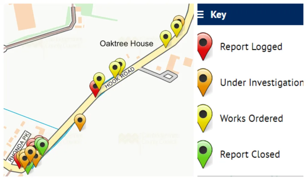 Cambridgeshire County Council interactive website showing reports – and outcomes – for reports from residents about Hook Road, Wimblington.