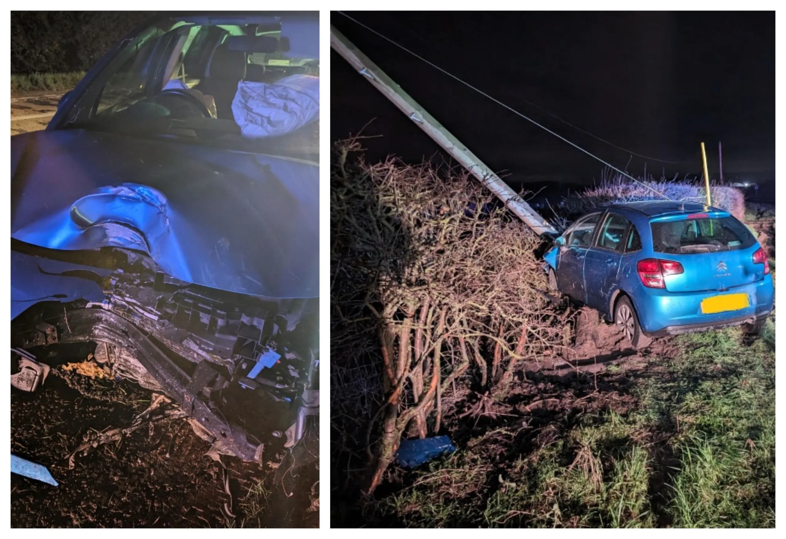 Police released photos of the crash on the A1123 Dimmock’s Cote Road between Stretham and Wicken. The driver was not insured.