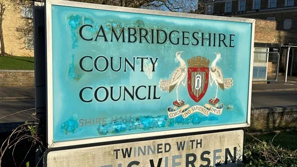 Sign outside Shire Hall, Cambridge, but no one can recall if the county council’s postponed axing of the link with Kreis Viersen, Germany, became a reality