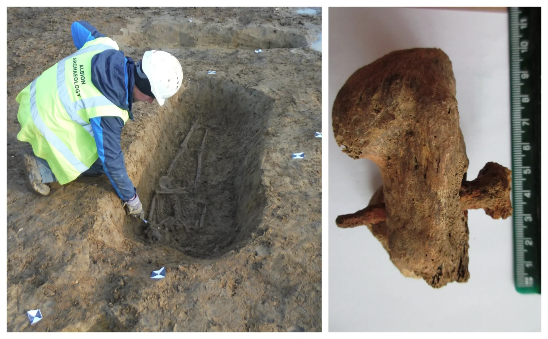 skeleton final - News for Peterborough and Cambridgeshire News for Peterborough and Cambridgeshire - Nail lodged in the heel of the crucified man (credit: Albion Archaeology) and grave where the remains of the crucified man were discovered (credit: Albion Archaeology)