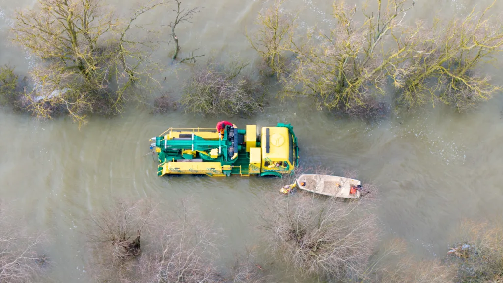 Recovery team from Manchetts were praised for their efforts in retrieving this cab and trailer that the driver was forced to abandon in the early hours of Monday on the flooded A1101 Welney Wash Road. PHOTO: Bav Media 