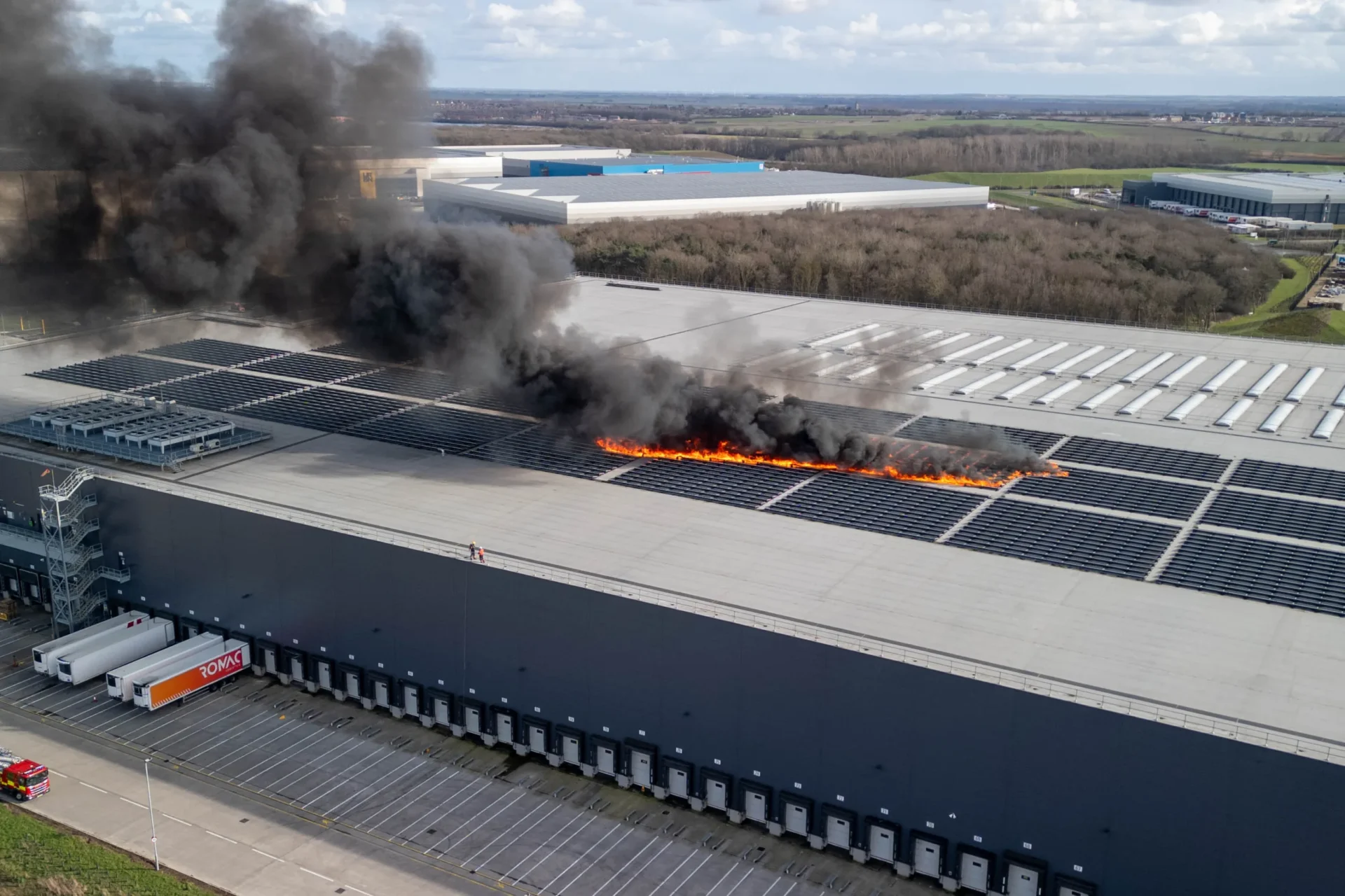 Lidl Warehouse Solar Panels on fire - News for Peterborough and Cambridgeshire News for Peterborough and Cambridgeshire - Lidl Warehouse Solar Panels on fire, Alwalton Hill, Peterborough§ Friday 23 February 2024. Picture by Terry Harris.