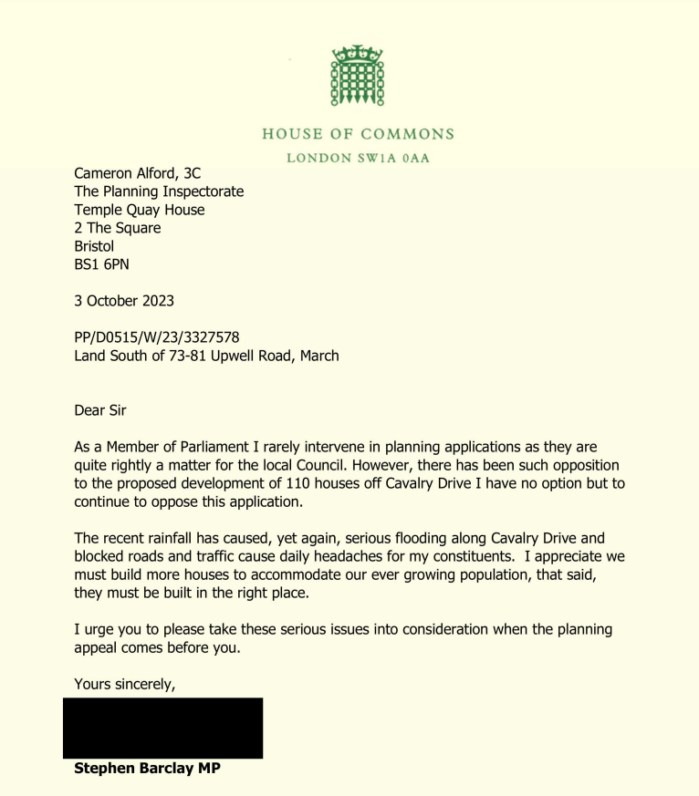 Letter from MP Steve Barclay to Planning Inspectorate backing objections by Fenland Council to the proposed 110 homes in March. 