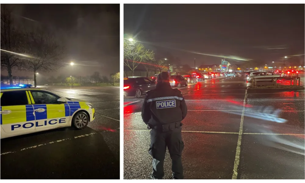 Police on patrol at the Serpentine Green car park in Hampton where they dispersed a car meet, and as the second photo shows quite quickly too. PHOTO: Cambridgeshire Police