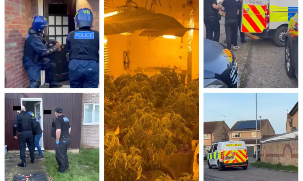 Photos taken from video released by Cambridgeshire police showing warrants being executed across Peterborough