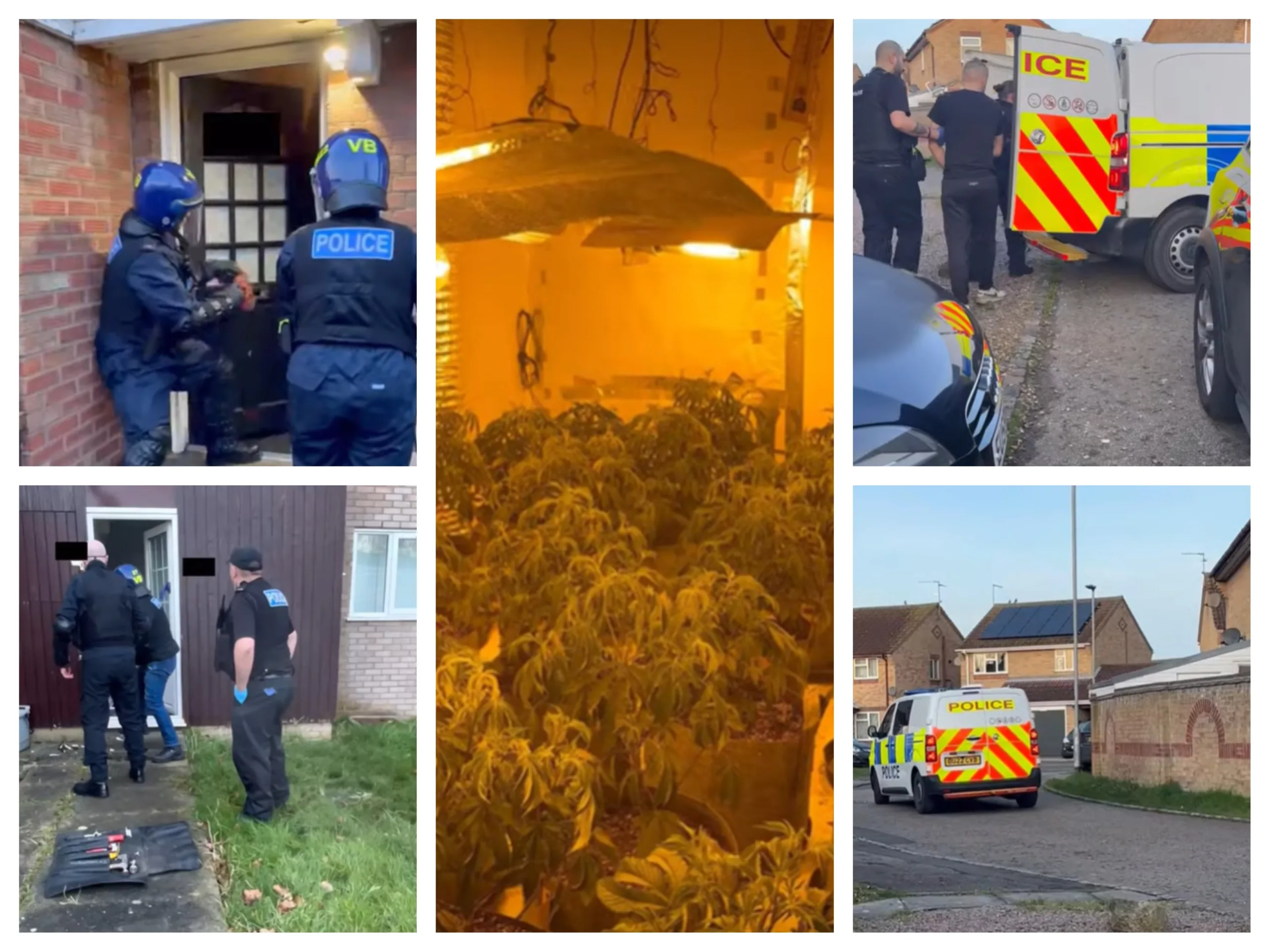 Photos taken from video released by Cambridgeshire police showing warrants being executed across Peterborough