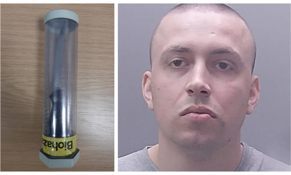Kyle Wojtowych, 27, with the knife used to attack teenage boy in Station Road, March, Cambridgeshire.