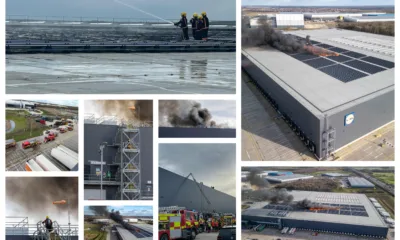 Scenes from today’s fire at the Lidl distribution depot in Peterborough. At one stage some 60 firefighters were brought in to tackle – and contain – the fire after solar panels on the roof caught fire. PHOTOS: Terry Harris for CambsNews and Cambridgeshire Fire and Rescue